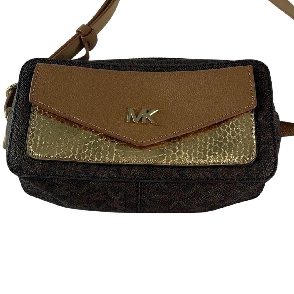 Michael Kors Sylvia Belt Bag Brown MK Logo Metallic Gold Python Embossed Waist